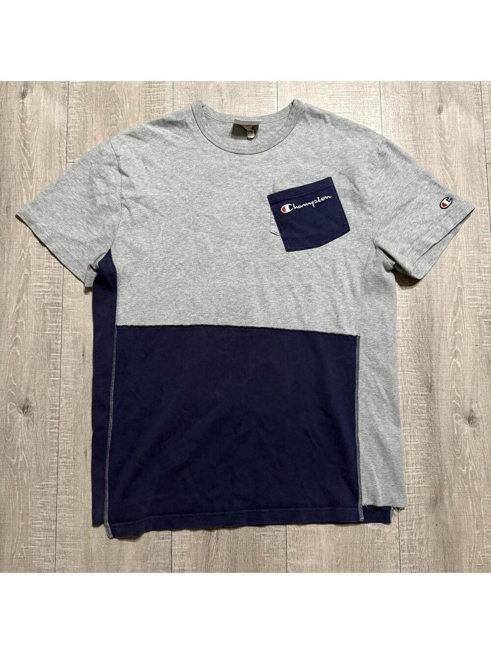 Champion Reverse Weave T-Shirt Gray Navy Colorblock Big Back Logo Men’s Large - Picture 2 of 7